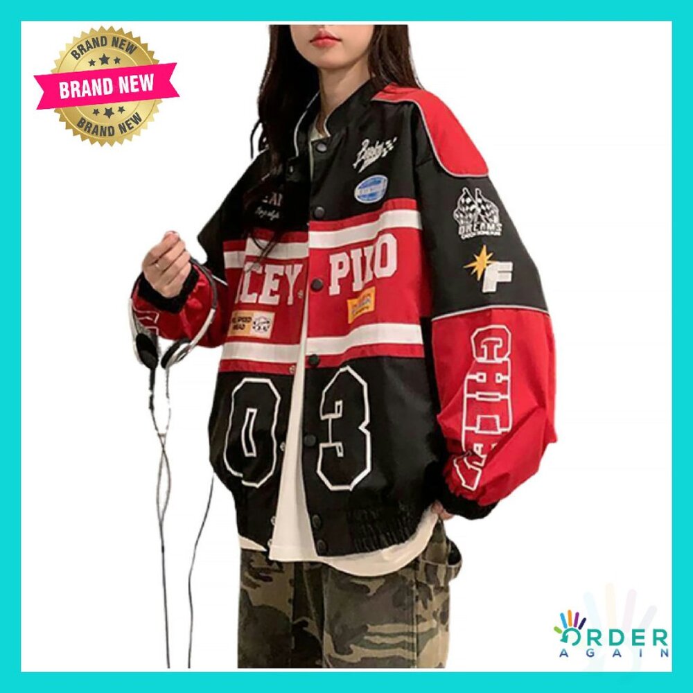 Varsity Bomber Jacket Patchwork Long Sleeve Y2K V… - image 1